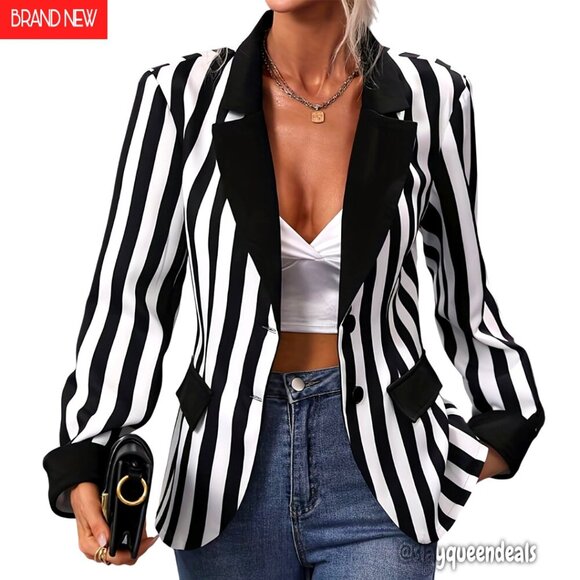 Jackets & Blazers - Striped Blazer Suit Long Sleeve Open Front Cardigan Halloween Cosplay Outfit